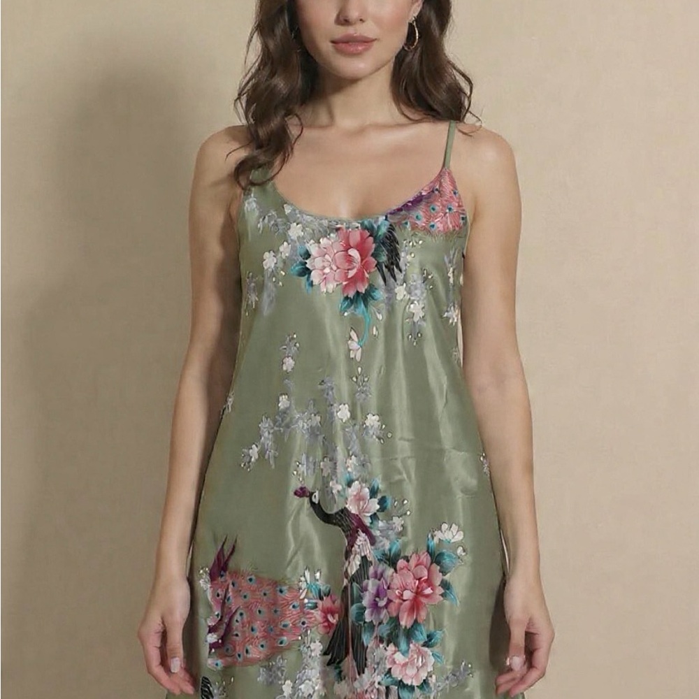 Vintage Sage Green Night Gown Nightie Slip Y2K Floral Satin Peacock dress Silky